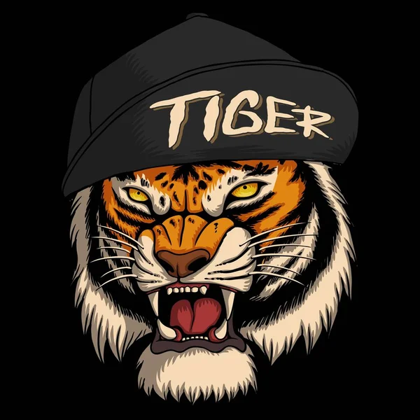 Angry Tiger Wearing Cool Hat Vector Illustration Your Company Brand — Stock Vector