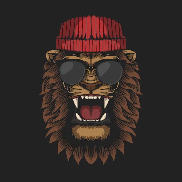 Lion Head Draagt Muts Bril Vector Illustratie Voor Bedrijf Merk — Stockvector