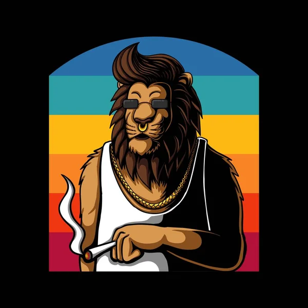 Singa Santai Saat Merokok Vektor Retro Ilustrasi Untuk Perusahaan Anda - Stok Vektor