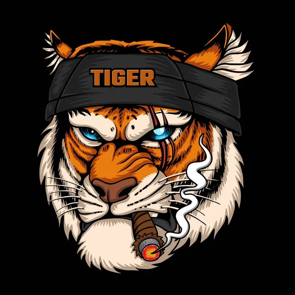 Kepala Harimau Mengenakan Bandana Saat Merokok Vektor Ilustrasi Untuk Perusahaan - Stok Vektor
