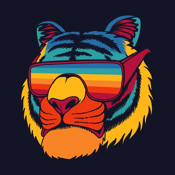 Tiger Bär Glasögon Retro Färgglada Vektor Illustration För Ditt Företag — Stock vektor