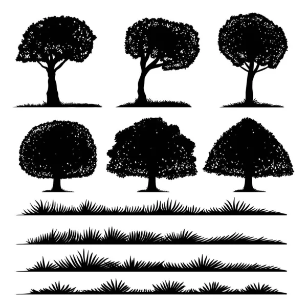 Tree Silhouette Grass Set Collection Your Company Brand — Stock Vector