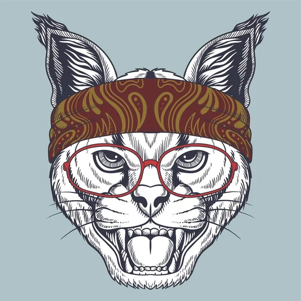 Caracal Wildkatze Hand Gezeichnet Mit Roter Brille Und Kopftuch Für — Stockvektor