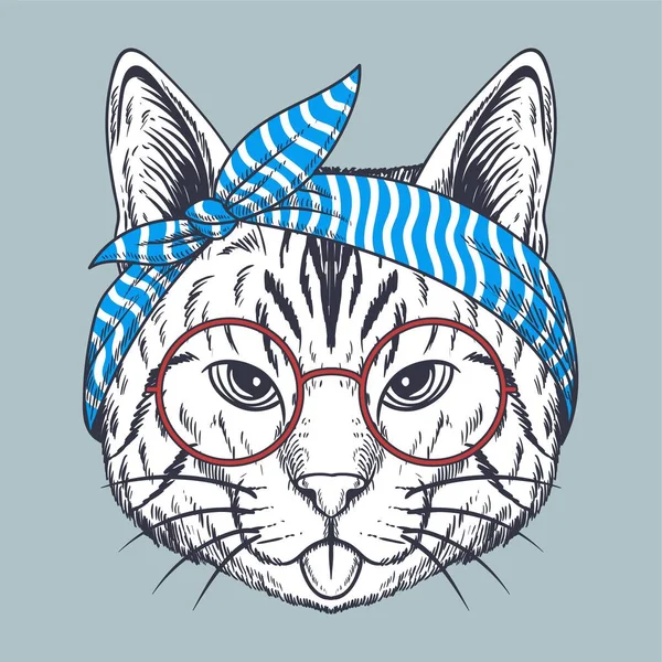 Gato Dibujado Mano Con Gafas Rojas Bandana Para Empresa Marca — Vector de stock
