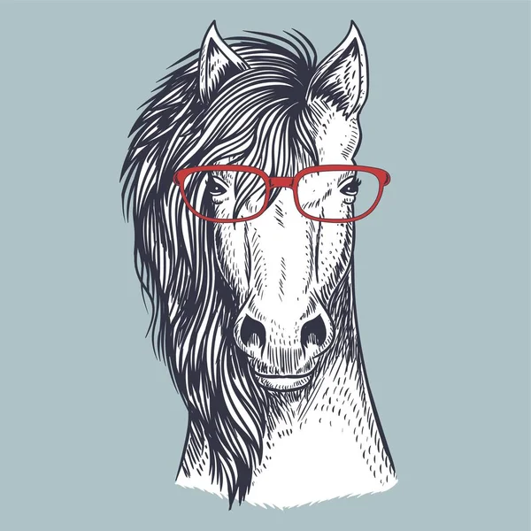 Tangan Tersenyum Kuda Digambar Mengenakan Kacamata Merah Untuk Perusahaan Anda - Stok Vektor