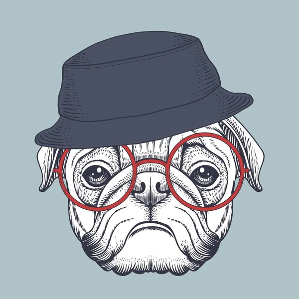 Pug Cão Mão Desenhada Usando Óculos Vermelhos Chapéu Balde Para —  Vetores de Stock