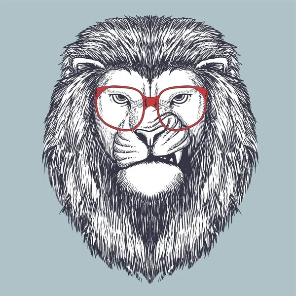 Leão Desenhado Mão Usando Óculos Vermelhos Para Sua Empresa Marca —  Vetores de Stock