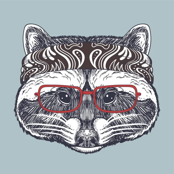 Mapache Dibujado Mano Con Gafas Rojas Bandana Para Empresa Marca — Vector de stock