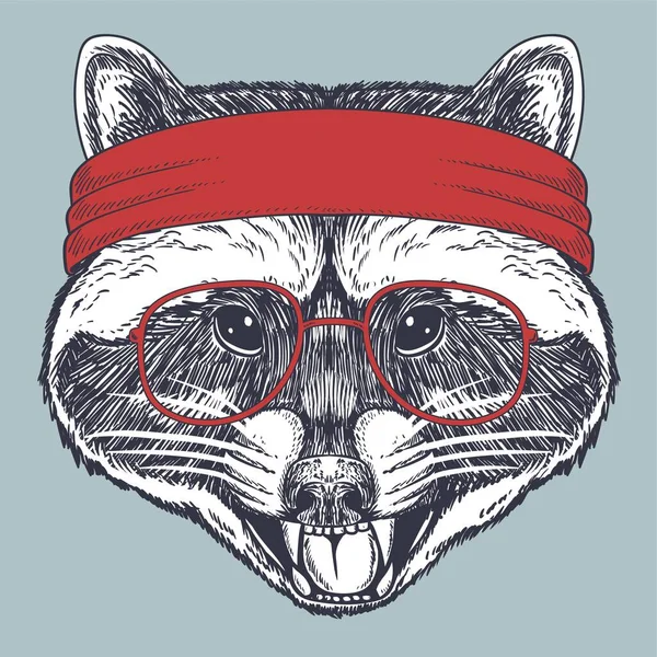Mapache Dibujado Mano Con Gafas Rojas Bandana Roja Para Empresa — Archivo Imágenes Vectoriales
