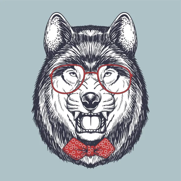 Lobo Enojado Mano Dibujado Usando Rojo Gafas Pajarita Para Empresa — Vector de stock