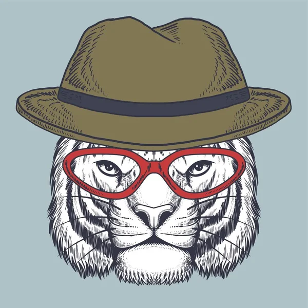 Tiger Tangan Kepala Digambar Mengenakan Kacamata Merah Dan Topi Untuk - Stok Vektor