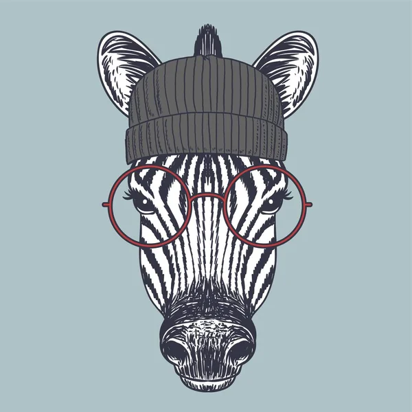 Zebra Smile Hand Gezeichnet Mit Roter Brille Und Mütze Für — Stockvektor