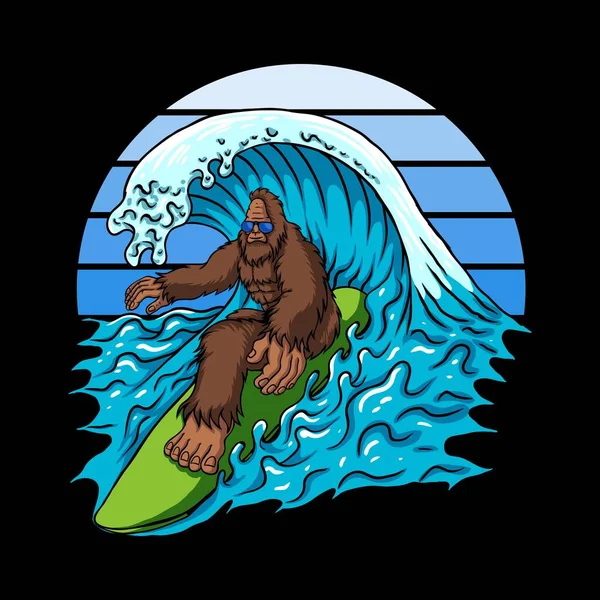 Bigfoot Surfando Ondas Ilustração Vetorial — Vetor de Stock