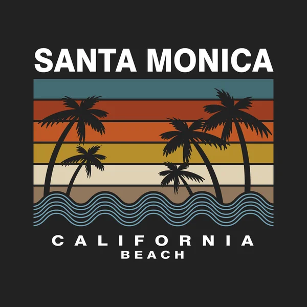 Santa Monica California Playa Silueta Retro Árbol Coco Vector Ilustración — Vector de stock