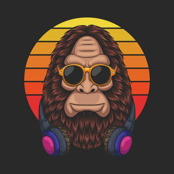 Bigfoot Cool Mit Brille Und Kopfhörer Vektorillustration — Stockvektor