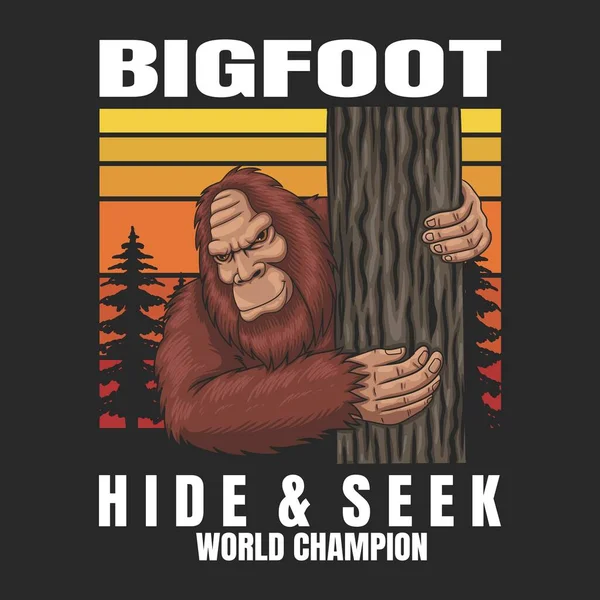 Bigfoot Escondido Uma Árvore Ilustração Vetorial Retro — Vetor de Stock