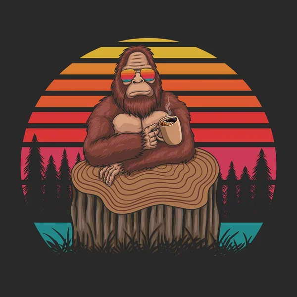 Bigfoot Relax Pít Kávu Retro Vektorové Ilustrace — Stockový vektor