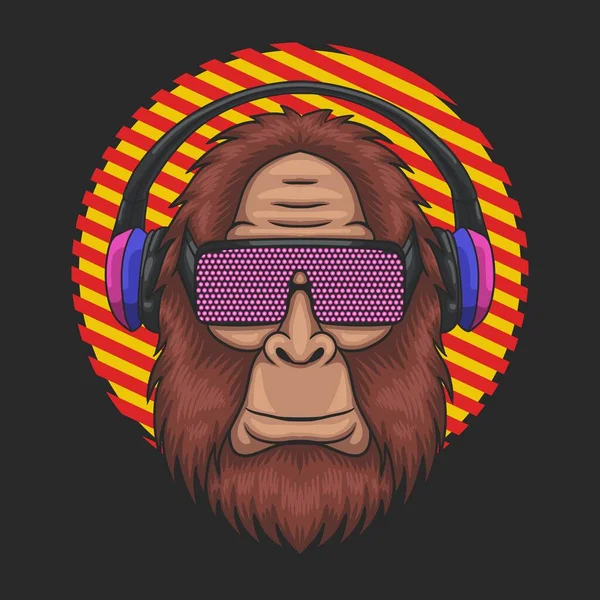 Bigfoot Vestindo Óculos Techno Ilustração Vetor Fone Ouvido — Vetor de Stock