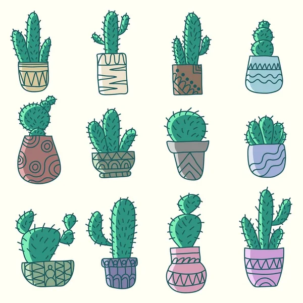 Cactus Pot Hand Drawn Elements Collection Vector Illustration — Archivo Imágenes Vectoriales