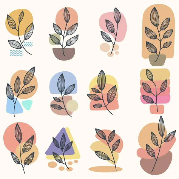 Leaf Line Art Boho Aesthetic Elements Set Vector Illustration — ストックベクタ