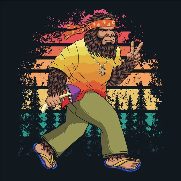 Bigfoot Hippie Walking Retro Vektor Illustration — Stockvektor