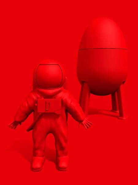 Astronaut Und Raumschiff Auf Rotem Hintergrund Illustration — Stockfoto