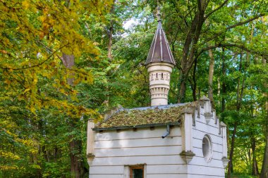 Romanya 'nın sonbahar manzarasında Miclauseni Kalesi yolunda bir kulesi olan bina