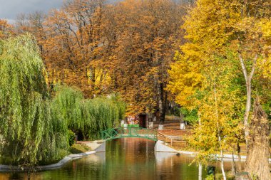 The lake from the Roman park in the autumn surrounded by colored trees, Romania