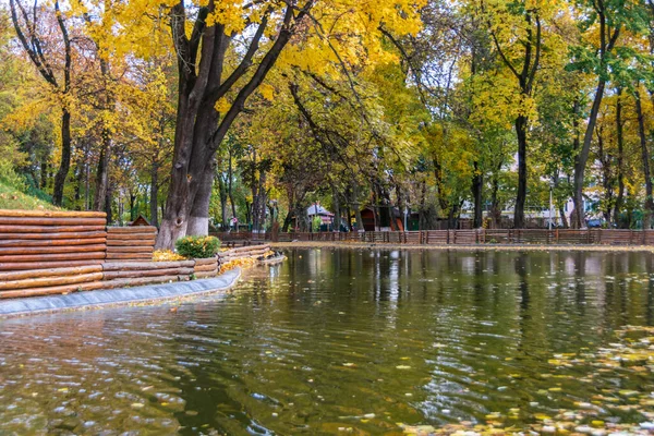 Lake Roman Park Autumn Surrounded Colored Trees Romania — Photo