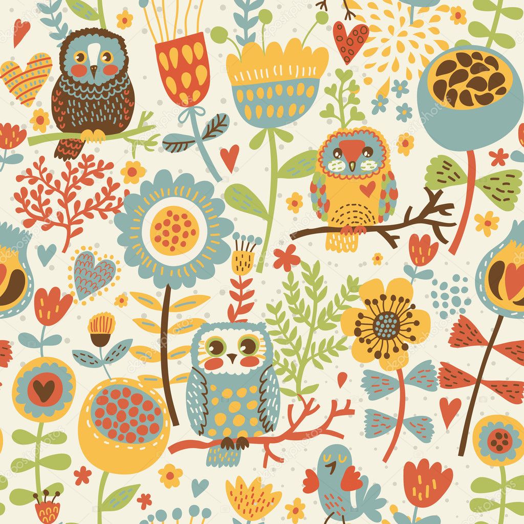 Floral seamless pattern with owl and bird