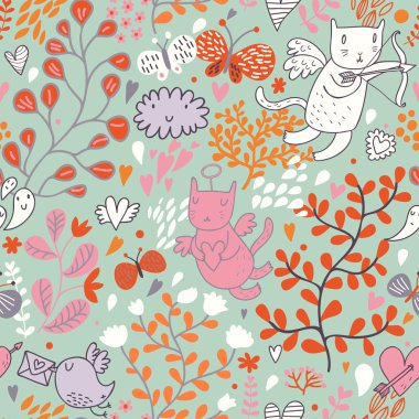 Romantik Sevgiliye çiçek desenle melek kedi ve kelebekler. sorunsuz döşeme