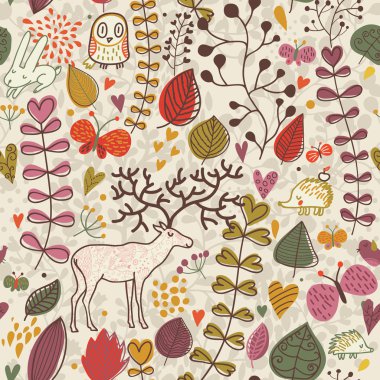 Vintage forest seamless pattern with flowers, deer, owl and hedgehog clipart