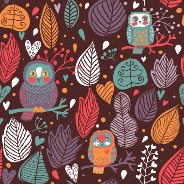 Vektörde kusursuz çiçekler ve baykuş desenli arkaplan