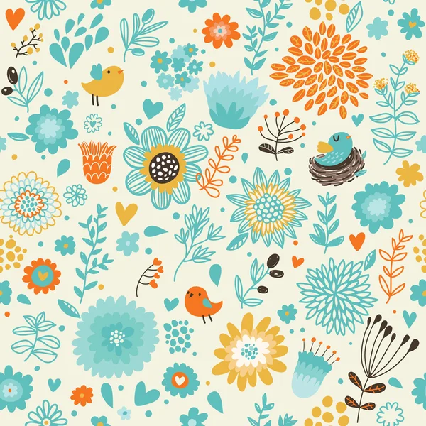 Romantische naadloze patroon. cute vogels in bloemen — Stockvector