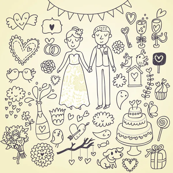 Bröllop doodle skissartad vektor illustration — Stock vektor