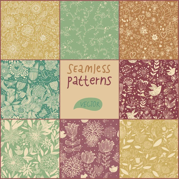 karikatür seamless modeli. vektör kümesi. Vintage çiçekler ve kuşlar