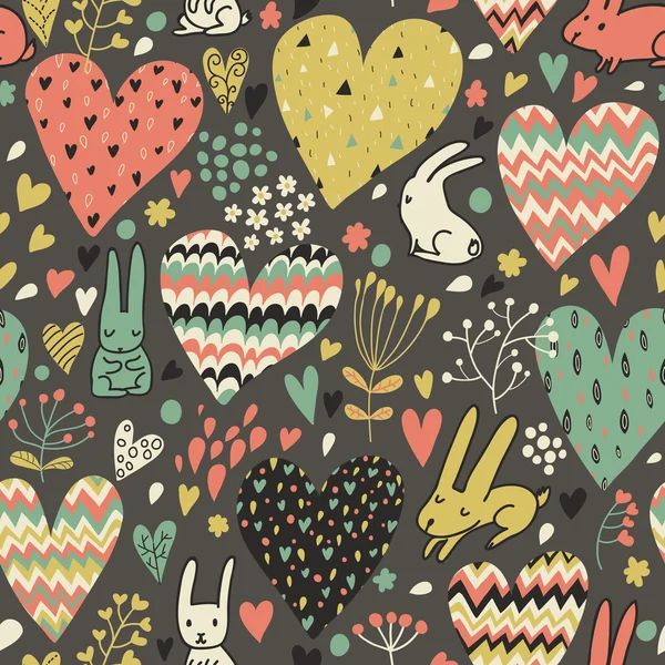 Lindo patrón de conejos de amor con corazones — Vector de stock