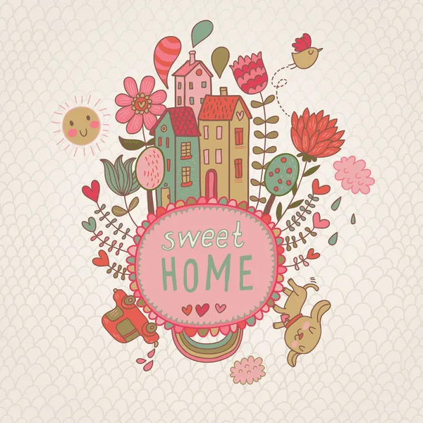 cote köpek ve çiçeklerle tatlı ev arka plan. vektör çizim