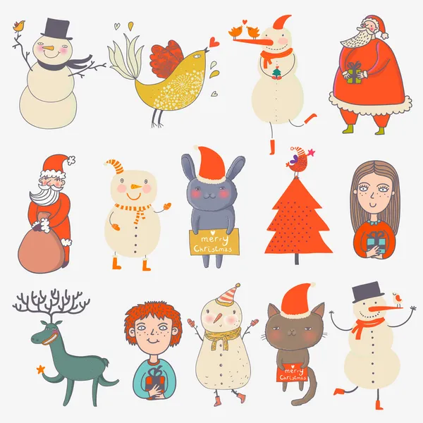 Set de Navidad. Personajes de dibujos animados en estilo navideño — Vector de stock