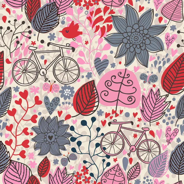 Padrão sem costura vintage floral com bicicleta — Vetor de Stock