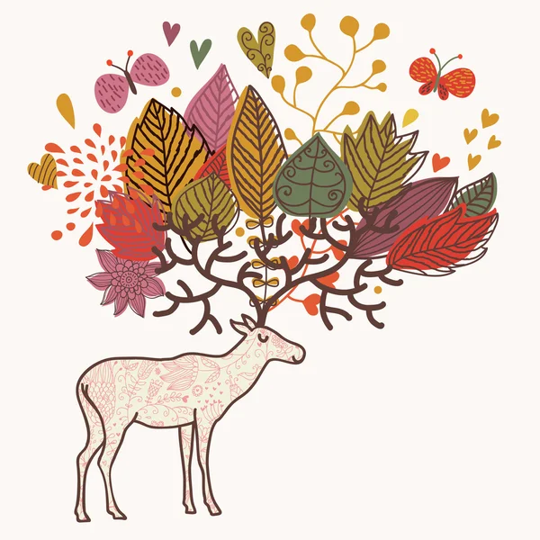 Cartoon autumn background with deer and flowers — Stock Vector