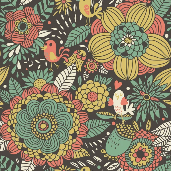 Motif floral sans couture avec des oiseaux mignons. Fond coloré peut être utilisé pour la conception textile, conception de site Web, invitation de mariage — Image vectorielle