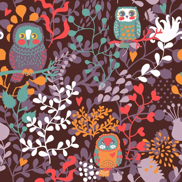 Fleurs sans couture et fond motif hibou dans le vecteur — Image vectorielle