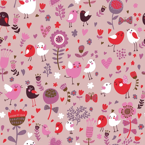 Romantique motif floral sans couture avec des oiseaux mignons — Image vectorielle