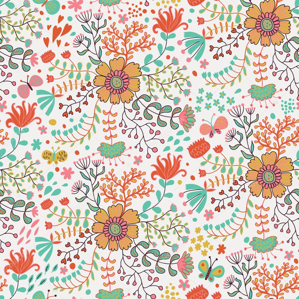 Seamless pattern with flowers and butterflies