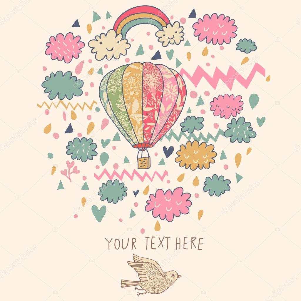 Vector Vintage Hot Air Balloon with Clouds. Cute Background Design