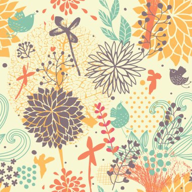 soyut seamless modeli. karikatür kuş vektör çiçeklenir. Yaz arka plan