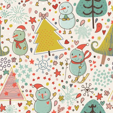 Kış seamless modeli karikatür tarzı. komik Noel arka plan ile kardan adam