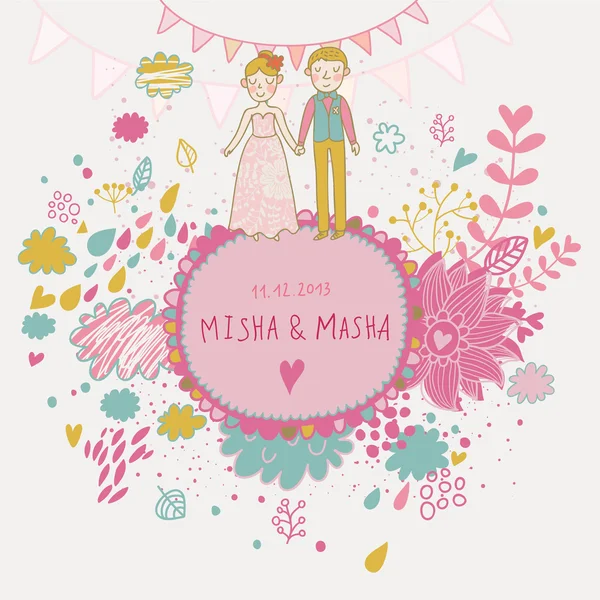 Linda tarjeta de boda vector con espacio para el texto con flores y nubes — Archivo Imágenes Vectoriales