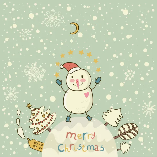 Fondo de Navidad de dibujos animados para tarjetas de vacaciones agradables con muñeco de nieve lindo. Año Nuevo banner vector — Vector de stock